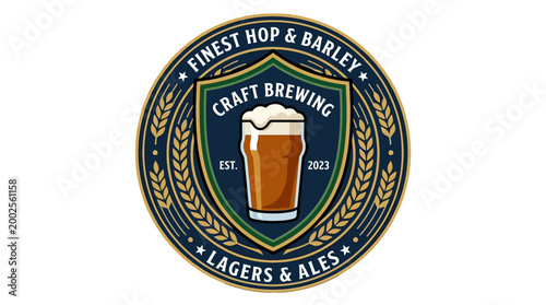 Craft Brewing Logo Design Featuring a Pint of Beer, Wheat Stalks, and Circular Border