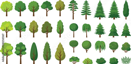 Flat vector tree and bush collection featuring oak, pine, cypress, and garden shrubs for landscape design, forest nature maps, and environmental illustrations.