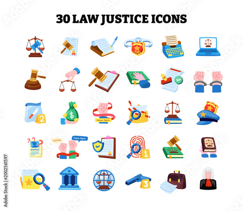 Set of law and justice Icon set collection, legal elements cartoon stickers vector illustration. courtroom concept sticker with gavel, scale, courthouse. human rights, crime, auction, book symbols.