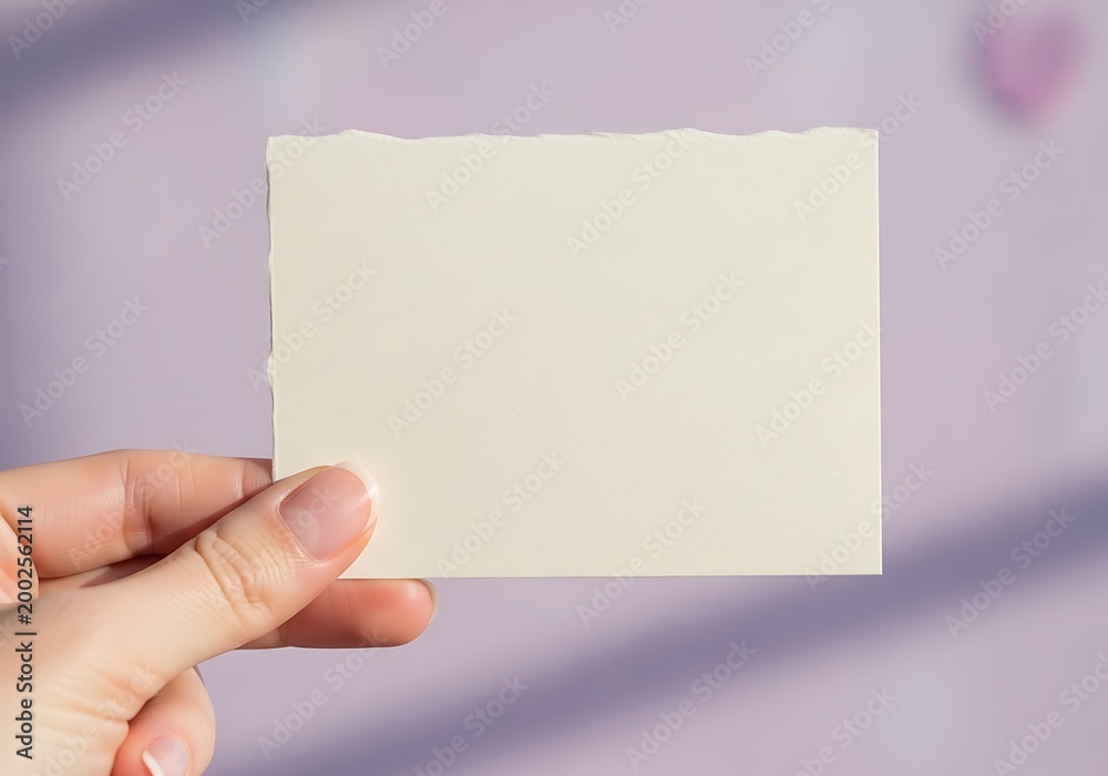 Fototapeta premium Person Hand Holding Blank Cream Paper Mockup against Purple Background