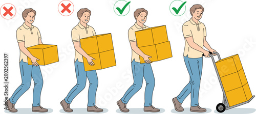 Correct and incorrect manual lifting techniques for heavy boxes showing ergonomic posture versus back strain safety rules vector illustration