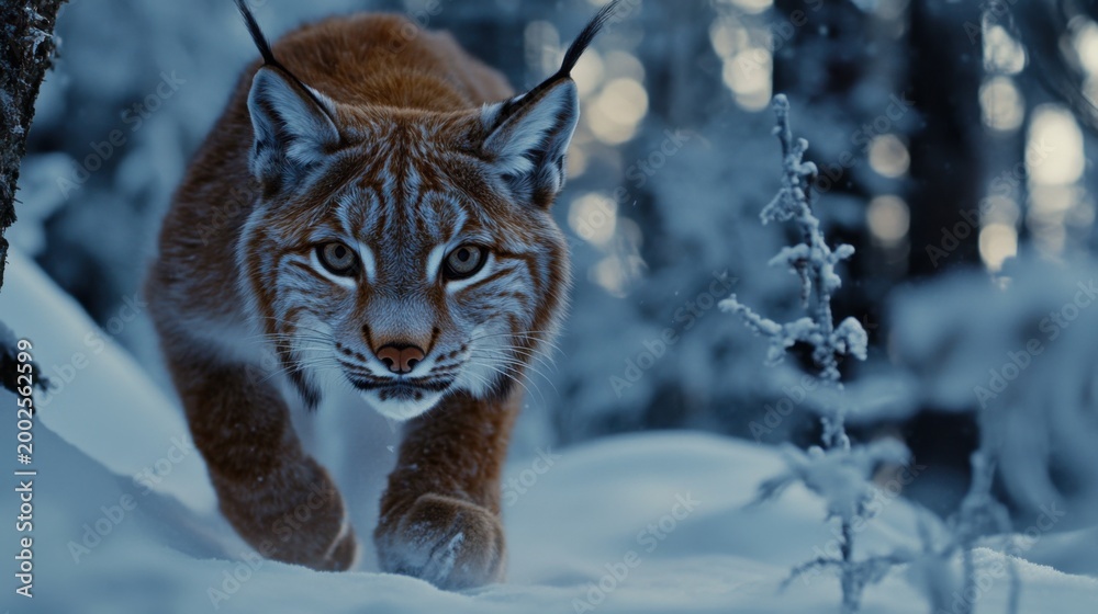 Fototapeta premium Majestic Lynx Stalking Through Snowy Forest Landscape in Winter