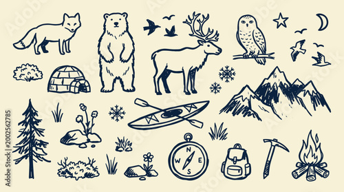 Hand drawn collection of arctic animals and camping gear icons for outdoor adventure and wilderness exploration