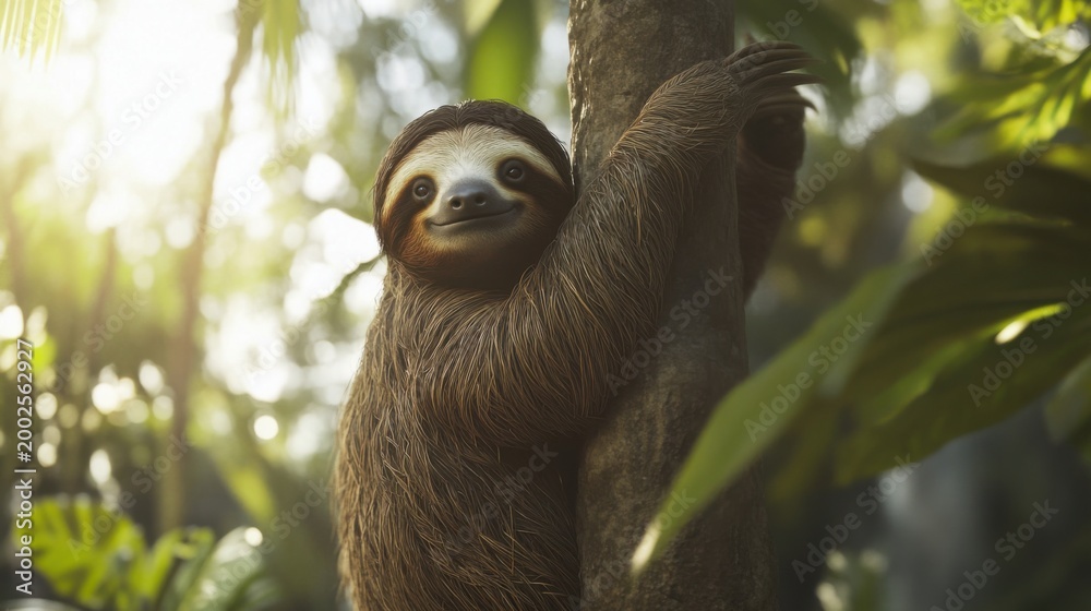 Naklejka premium Charming Sloth Relaxing on Tree in Lush Tropical Environment