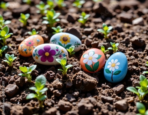 Colorful Painted Stones Among New Spring Garden