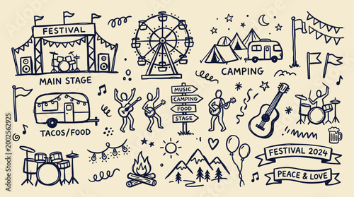 Hand-drawn doodle illustration of a vibrant music festival scene with a main stage, Ferris wheel, camping tents, food stalls, and happy people enjoying the event.