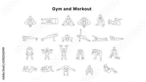 Minimal CAD fitness exercise drawings set with people performing yoga, stretching and strength training, clean outline symbols for workout plans and architectural layouts