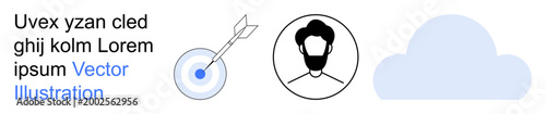 Business strategy, cloud computing, user identity, goal setting, technology, data storage. Minimalist icons of a bullseye with an arrow, a users profile and a cloud. Business strategy and cloud