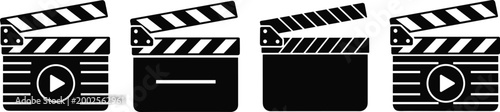 Film Clapperboard Icon Set with Play, Pause, and Record Symbols for Movie, Video Production, and Media Projects