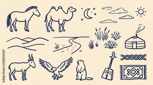 Mongolian nomadic culture elements including animals, yurts, traditional instruments, and desert landscapes in a hand-drawn sketch style