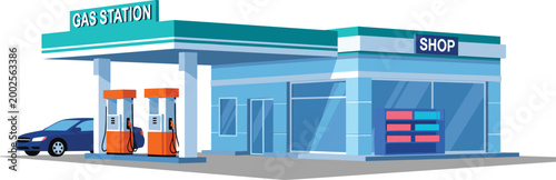 Gas Station and Fuel Pump Icon Set with Convenience Shop for Automotive, Gas, and Retail Service Designs