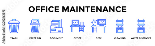 Office Maintenance  Banner Web  Icon Set Collection Pack Vector Illustration Concept Containing Trash, Paper Bin, Document, Office, Desk, Cleaning, Water Dispenser