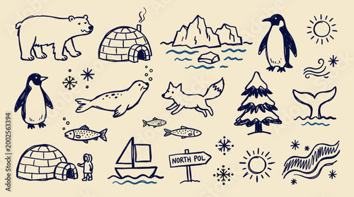 Charming hand-drawn collection of arctic animals and winter elements for children's design and educational purposes