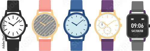 Wristwatch Icon Set Featuring Analog and Digital Designs for Timekeeping, Fashion, and Accessory Applications