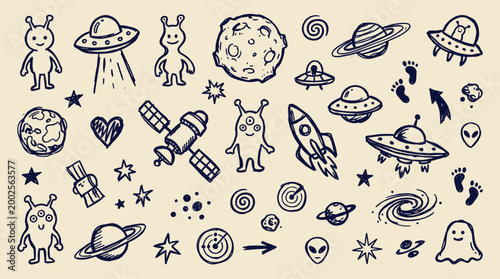 Whimsical hand drawn space doodles featuring aliens, rockets, planets, UFOs, stars, and galaxies for a fun cosmic adventure theme