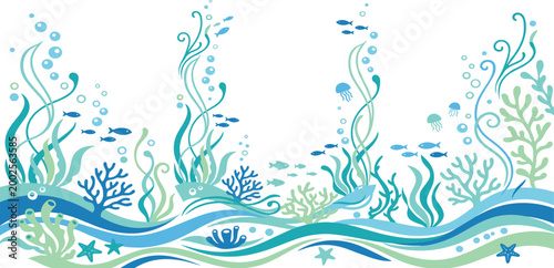 Underwater marine life horizontal border vector with decorative ocean waves, stylized coral reefs, sea plants, tropical fish, and bubbles for nature background designs.