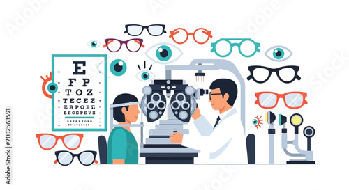Optometrist examining patient with eye chart and equipment.