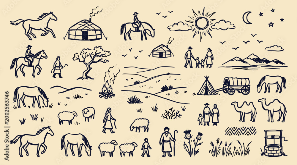 Fototapeta premium Vintage hand drawn sketch of nomadic life with horses camels sheep yurts tents and rural landscape scenes