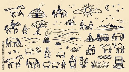 Vintage hand drawn sketch of nomadic life with horses camels sheep yurts tents and rural landscape scenes
