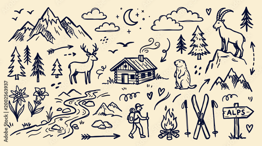 Fototapeta premium Hand drawn doodle illustration of alpine mountain landscape with animals, hiker, ski equipment, and flora, representing outdoor adventure and nature