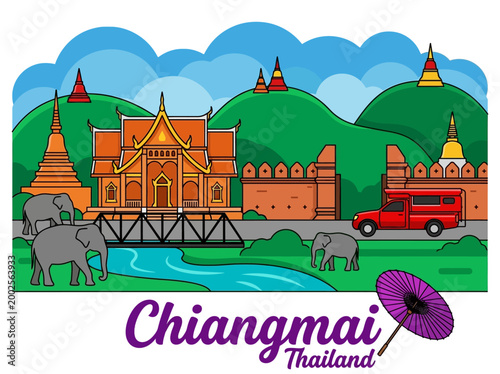 Chiang Mai Thailand Vector Illustration Featuring Buddhist Temples, Elephants, Songthaew Red Truck, and Cultural Landmarks for Travel Tourism Concepts