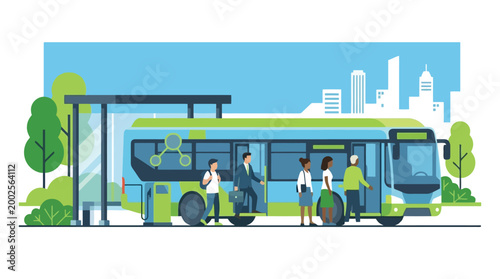 City Bus at Stop Amid Urban Setting.
