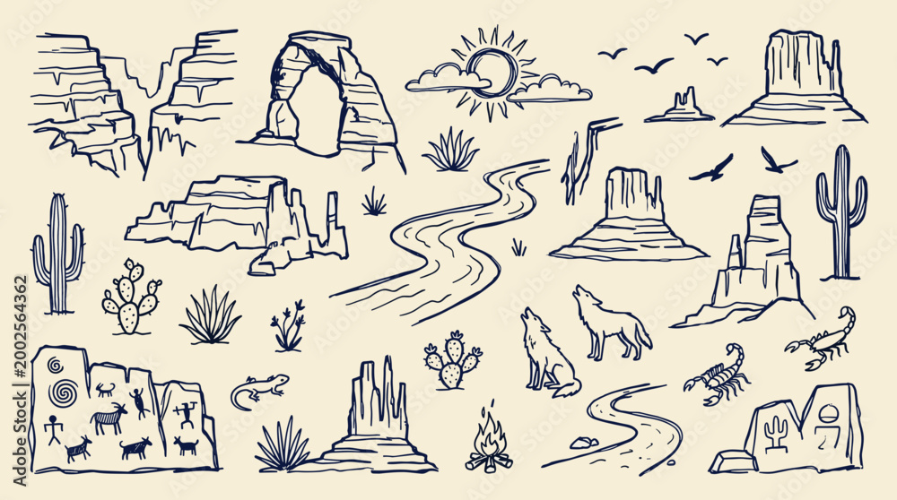 Fototapeta premium Hand drawn sketch of iconic desert landscapes canyons rock formations cacti and wildlife elements in a vintage style illustration for travel and adventure themes