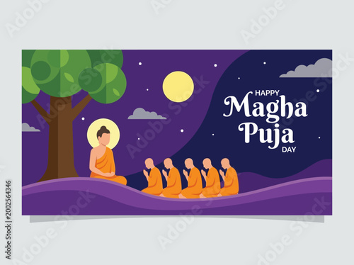 Happy Magha Puja Day Illustration with Buddha Teaching Monks Under a Full Moon and Bodhi Tree