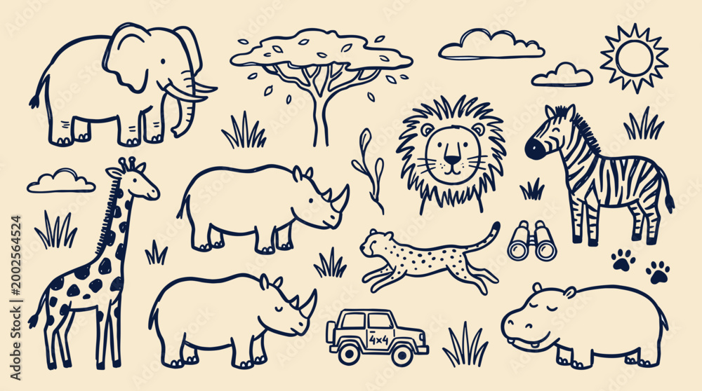 Fototapeta premium Cute Hand Drawn Safari Animals and Elements Collection for Kids Design