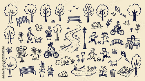 Charming hand-drawn doodle illustration of a vibrant park scene with people enjoying outdoor activities like cycling walking and playing sports surrounded by trees benches and flowers