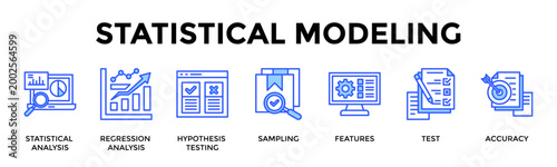 Statistical Modeling  Banner Web  Icon Set Collection Pack Vector Illustration Concept Containing Statistical Analysis, Regression Analysis, Hypothesis Testing, Sampling, Features, Test, Accuracy