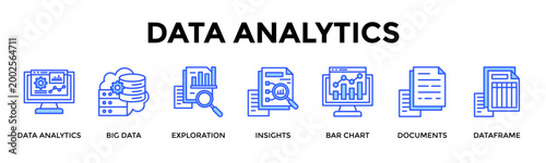 Data Analytics  Banner Web  Icon Set Collection Pack Vector Illustration Concept Containing Data Analytics, Big Data, Exploration, Insights, Bar Chart, Documents, Dataframe