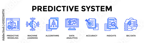 Predictive System  Banner Web  Icon Set Collection Pack Vector Illustration Concept Containing Predictive Modeling, Machine Learning, Algorithms, Data Analytics, Accuracy, Insights, Big Data
