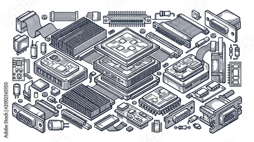 Vintage collection of old computer parts and electronics.