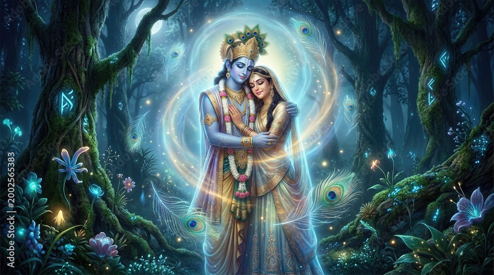 Fototapeta premium Fantasy Krishna and Radha with Glowing Aura and Mystical Forest Background