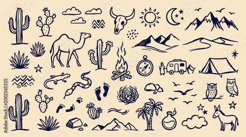 Desert Adventure Hand Drawn Icons Collection Featuring Cacti Camel Wildlife And Camping Elements For Travel And Outdoor Themes