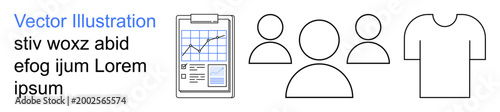 Business analytics, teamwork, design, data visualization, clothing, digital tools. Line icons of clipboard with graph, three human figures and a T-shirt. Business analytics and teamwork