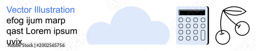 Technology, finance, education, food design, digital platforms, data analysis. Minimalist cloud, calculator and cherry icons in vector format. Technology and education-themed graphic elements