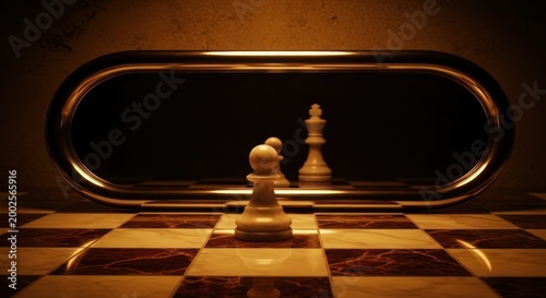 Chess pieces on a board reflected.