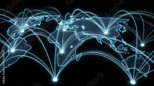 Global Connectivity: A digital representation of worldwide connections illuminates the globe, highlighting the intricate web of communication and exchange. Generative AI.