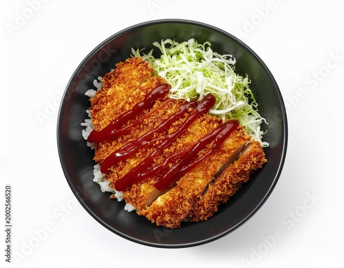 Top view of tonkatsu bowl with rice and shredded cabbage