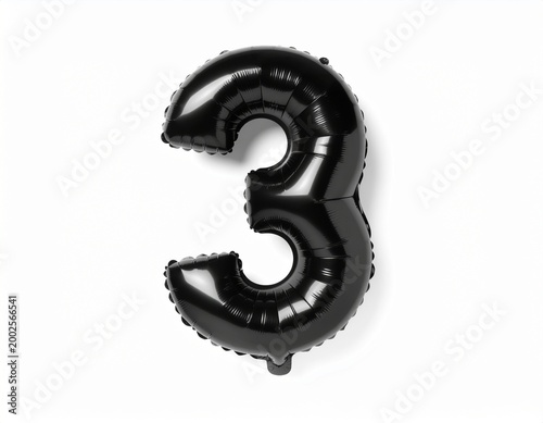 Black foil balloon number three isolated on white background