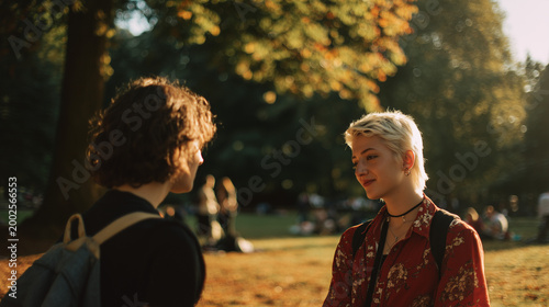 young couple conversing in a sunlit park 