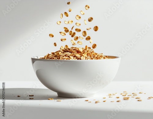 Whole rolled oats pouring into a white ceramic bowl