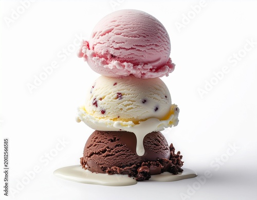 Stacked strawberry, vanilla, and chocolate ice cream scoops melting