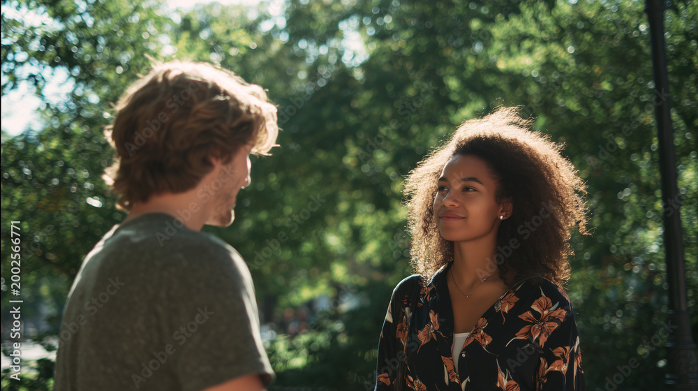 Fototapeta premium young couple enjoying conversation outdoors 