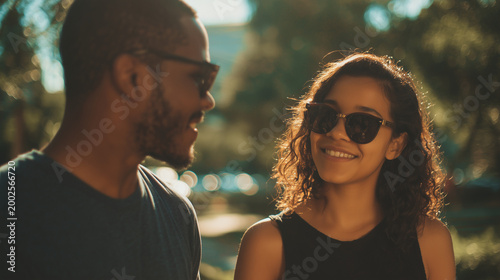 outdoor couple smiling in sunglasses at sunset 