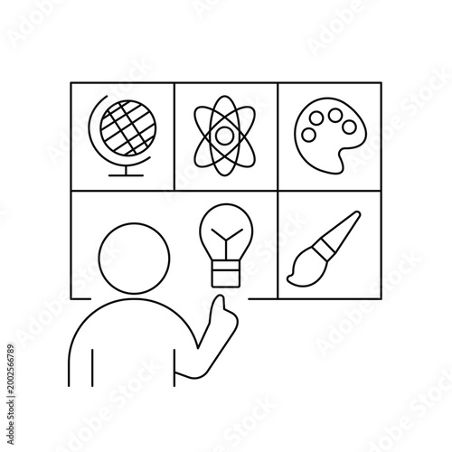 Education and diverse skills icon with globe science art and lightbulb for creative learning.Editable stroke, Vector illustration, Line art Icon, Symbols.	