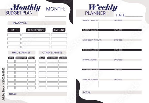 Minimalist monthly budget plan and weekly planner template for financial tracking, income management, and daily expense recording in a clean layout.