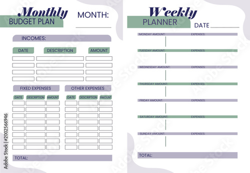 Professional monthly budget plan and weekly planner template featuring sections for income, expenses, and daily tracking in soft purple and green.